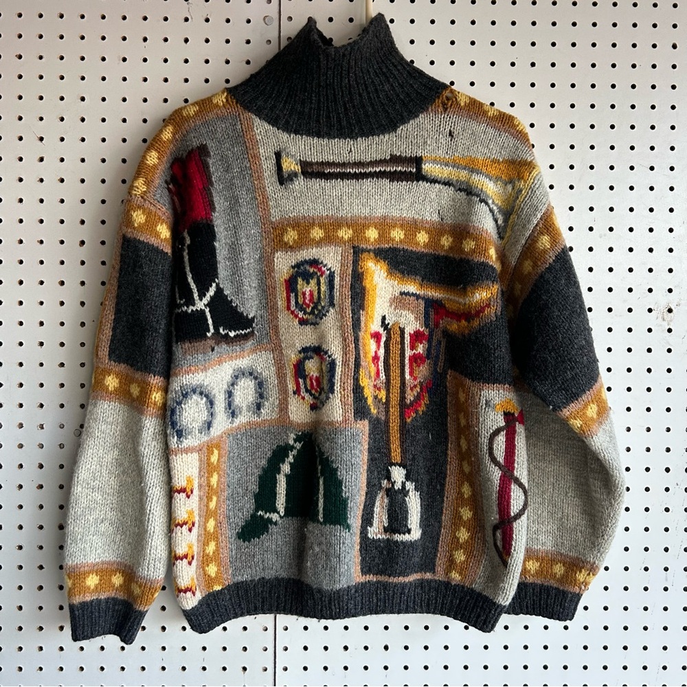 Women’s Western Patterned Turtleneck Wool Sweater - Gray/Gold/Red